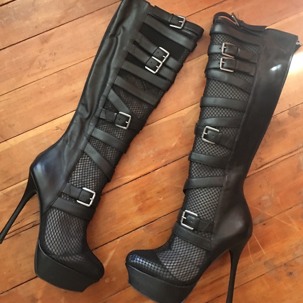 Bebe knee high black leather boots